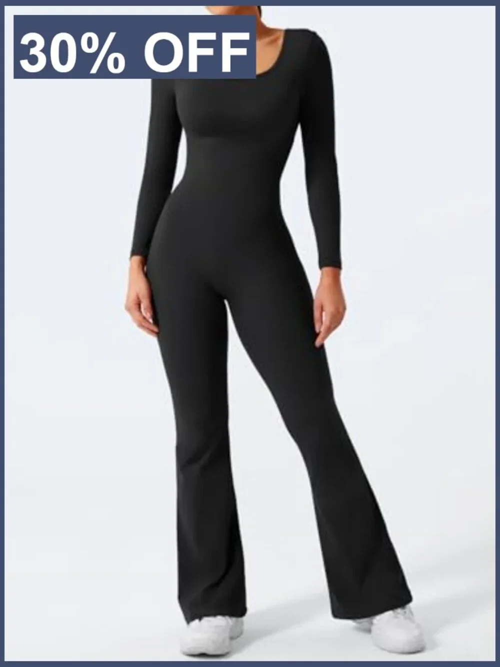 Women's Long Sleeve V Back Flare Jumpsuit Wide Leg Romper Yoga_2